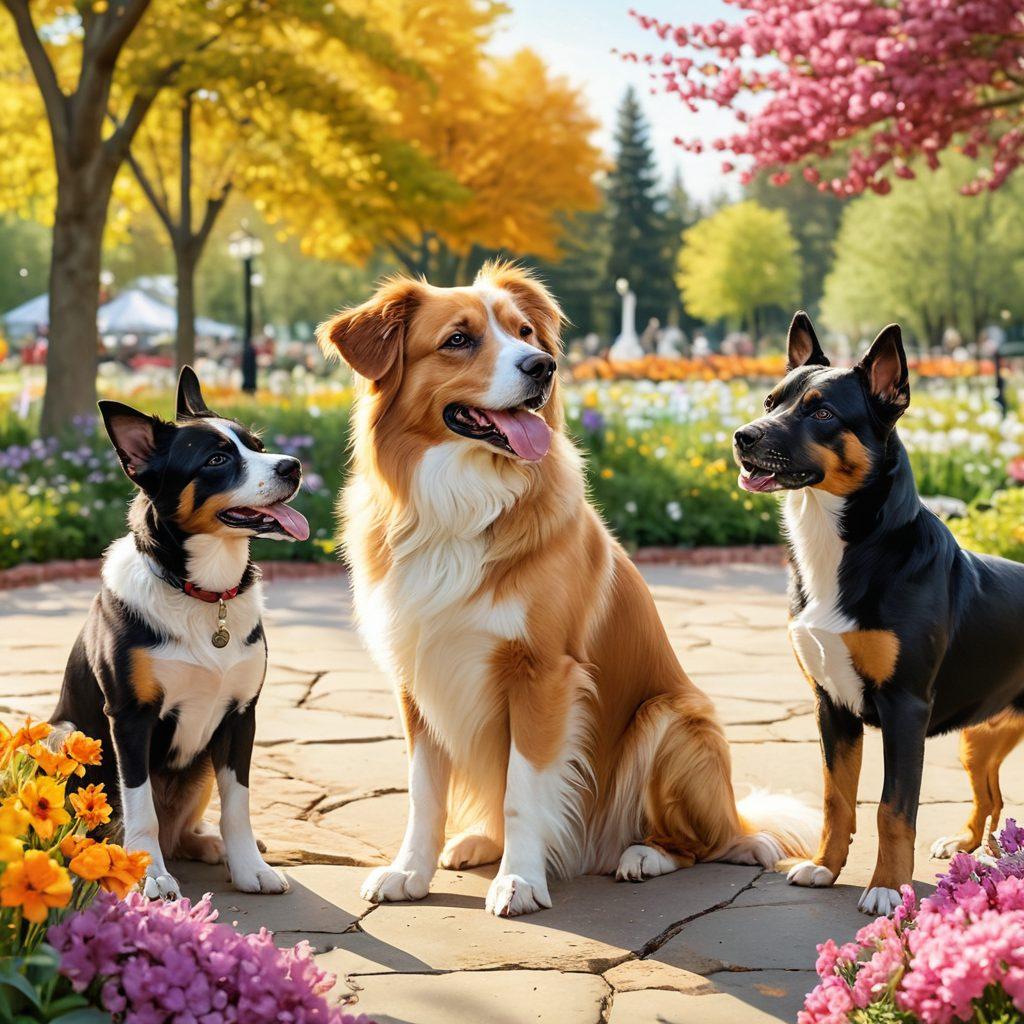 A vibrant gathering of diverse dog breeds, showcasing their unique beauty and personalities, surrounded by heartwarming moments of dogs playing and interacting with humans. The background features a sunny park setting filled with flowers, paw prints, and playful elements, creating a joyful atmosphere. Include soft, warm colors to evoke feelings of love and companionship. super-realistic. vibrant colors. soft focus.