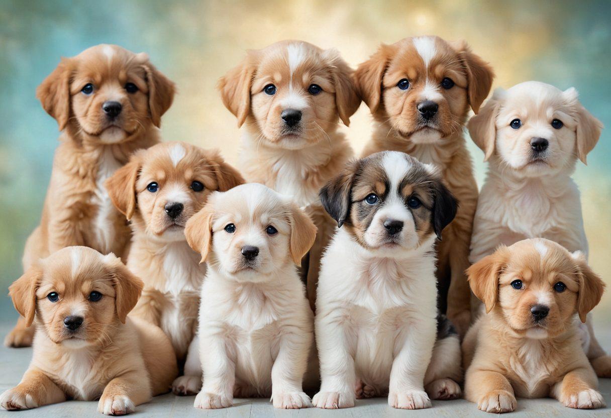 A charming and heartwarming collection of puppy portraits, each with unique expressions and playful poses. The background should be a soft, dreamy pastel color, allowing the puppies to shine in their cuteness. Incorporate various breeds with glossy fur textures and sparkling eyes that radiate joy. Add subtle light flares and soft bokeh effect to enhance the visual journey. super-realistic. vibrant colors. soft focus.