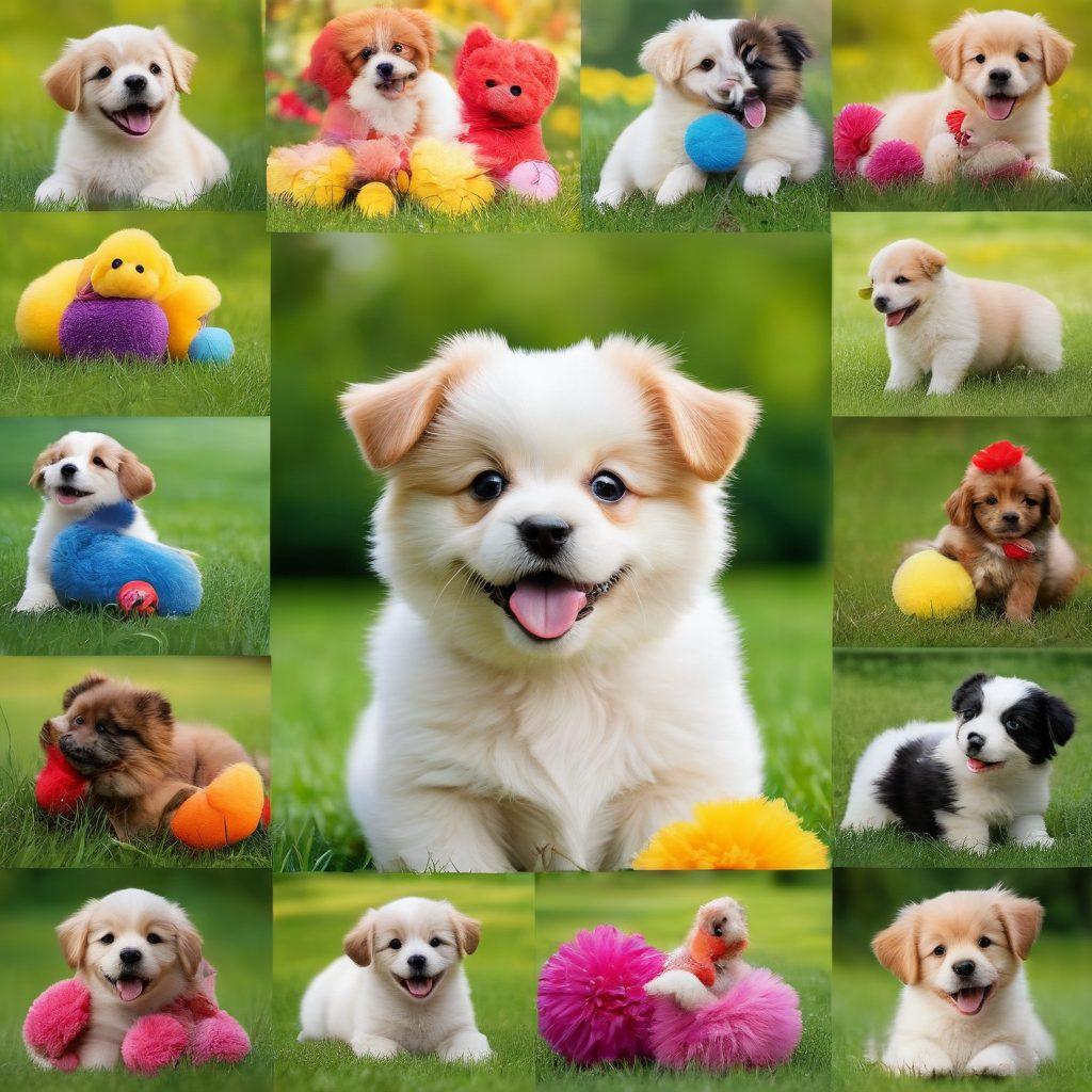 A heartwarming collage of joyful dogs in various playful poses, showcasing puppies with big, expressive eyes and fluffy fur, surrounded by colorful toys. Include a playful backdrop of a sunny park with green grass and blooming flowers. The atmosphere is cheerful and uplifting, capturing the essence of joy that dogs bring to our lives. super-realistic. vibrant colors. soft focus.
